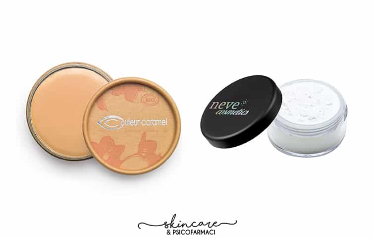 Per schiarire le occhiaie io mi trovo bene con questo correttore ecobio Couleur Caramel e la mia cipria preferita è la Hollywood di Neve Cosmetics. Credits www.mondevert.it e www.nevecosmetics.it