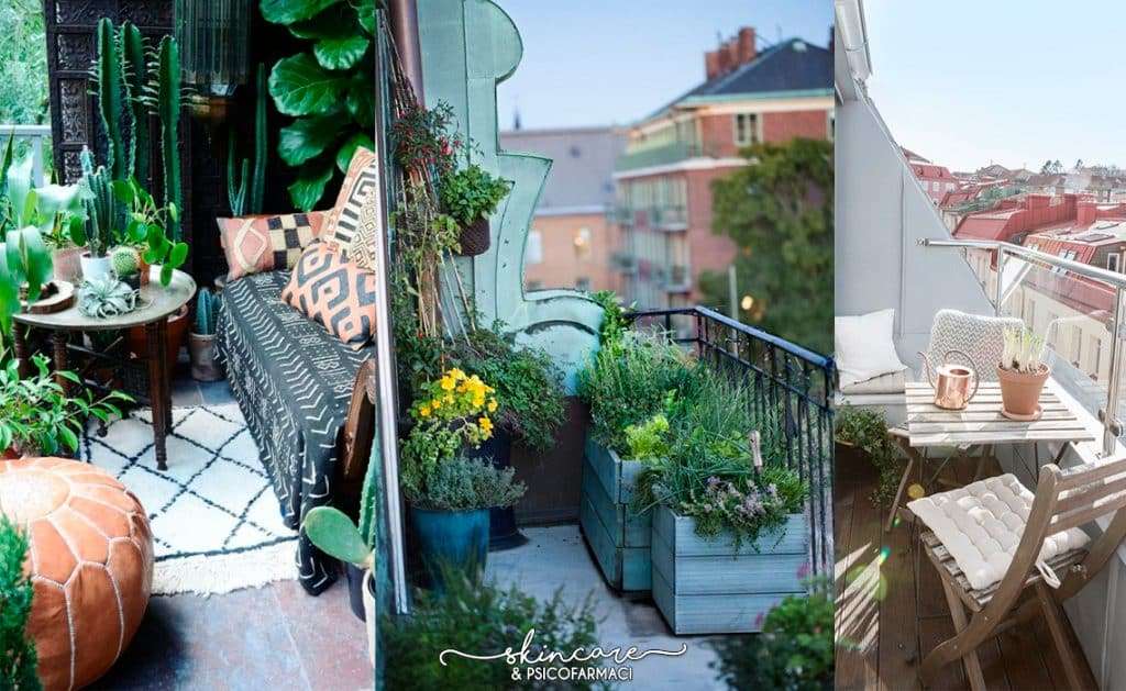 tre balconi in tre stili di arredamento diversi, effetto giungla, bvasche in legno e semplice e moderno